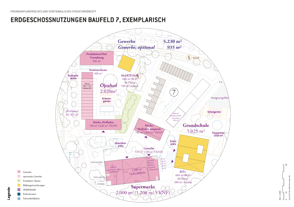 Ein Plan der Neuen Gartenstadt Öjendorf. In dem das Baufeld 7 näher betrachtet wird, dort werden aufgezeichnet wo sich der Öjenhof mit Hofladen und Küche, Gewerbe, Kita, Grundschule und Reihenhäuser. 