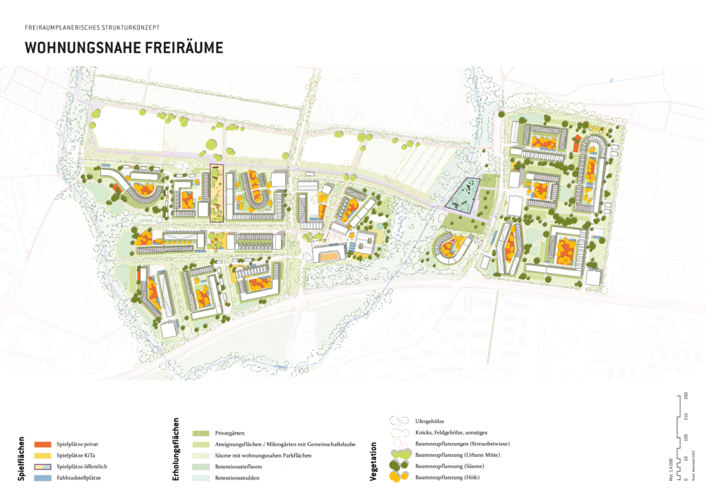 Ein Plan der Neuen Gartenstadt Öjendorf. In dem Wohnungsnahe Freiräume dargestellt werden, wo sich Spielplätze, Privatgärten, Mikrogärten und Retentionsflächen befinden.