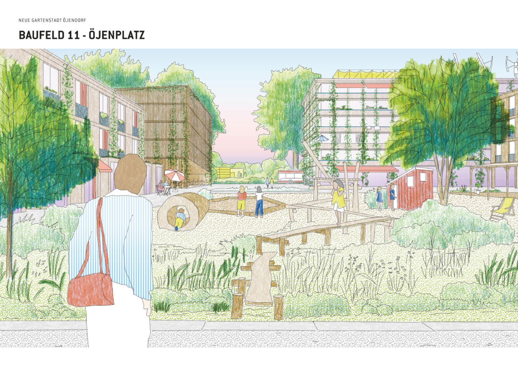 Eine perspektivische Zeichnung auf ein Großen Spielplatz der von Reihenhäusern und Mehrgeschossigeren Häusern umrahmt wird. Im Hintergrund sieht man einen Busvorbei fahren. Im Vordergrund steht eine Frau die auf dem Spielplatz schaut.