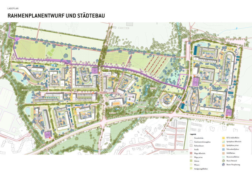 Der Lageplan der Neuen Gartenstadt Öjendorf. Ein vielfältiger und bunter Plan mit städtebaulichen und freiraumplanerischen Entwürfen
