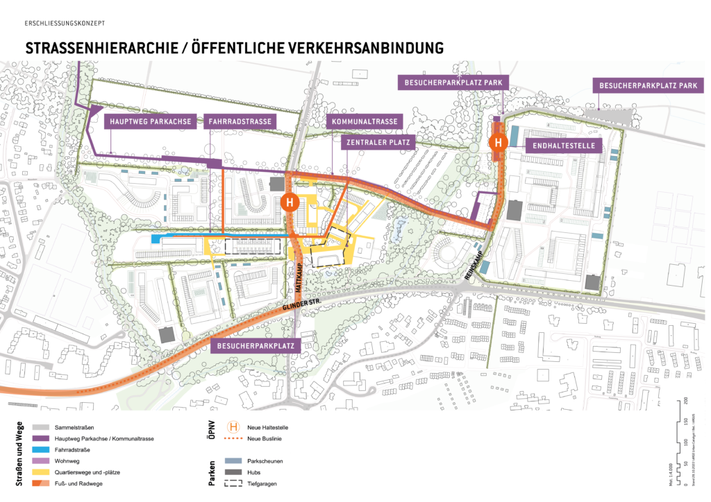 In dem Plan der Neuen Gartenstadt Öjendorf.  Wird das Erschließungskonzept dargestellt in dem die unterschiedlichen Straßen wie Fuß-und Radwege sowie Hauptwege unterschieden 