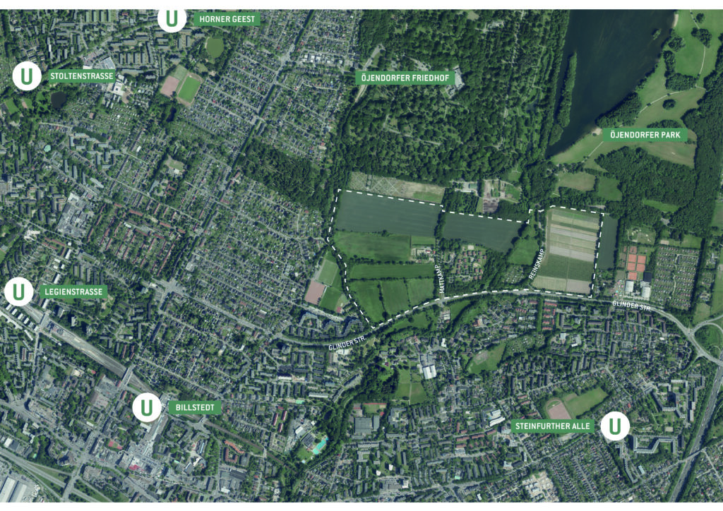 Ein Luftbild vom Stadtteil Billstedt mit den Umrissen vom Projektgebiet der Neuen Gartenstadt Öjendorf