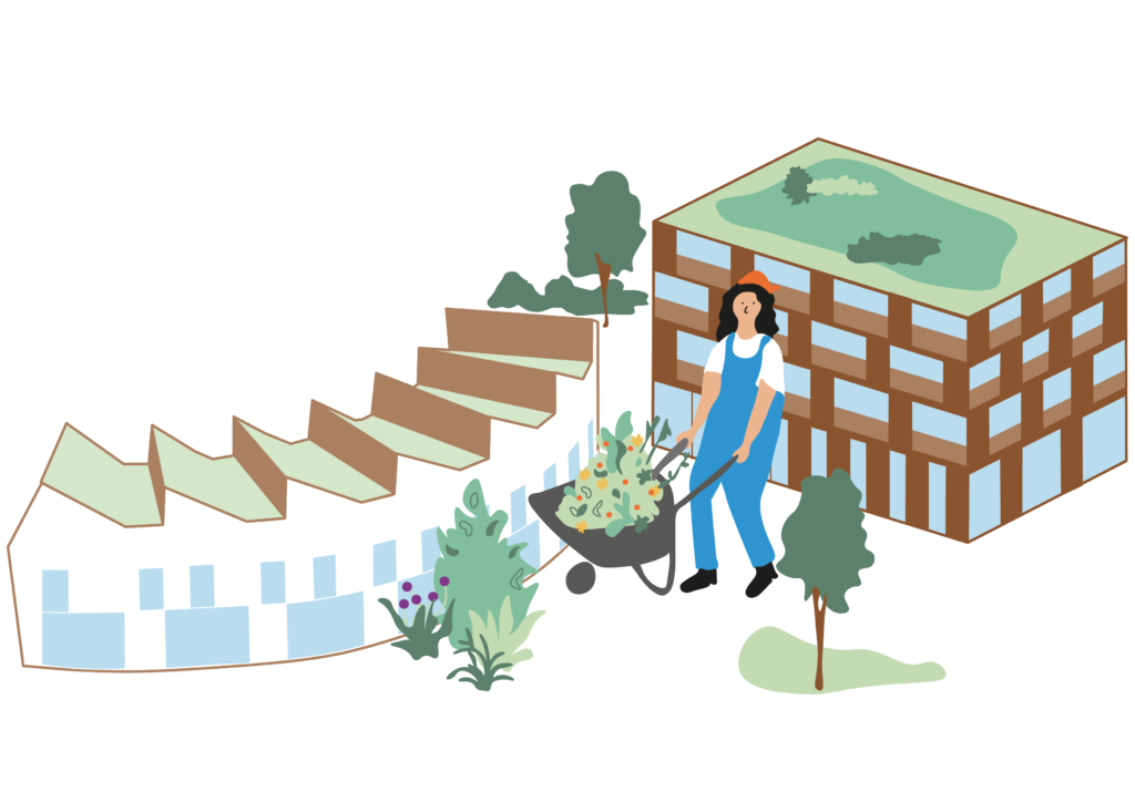 Eine illustrierte Frau steht mit einer Schubkarre auf einem Platz, im Hintergrund sind zwei Gebäude in der Landschaft dargestellt.